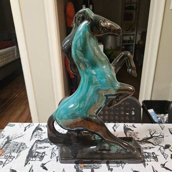 Vintage Blue Mountain Pottery Rearing Green / Black Terra Cotta Horse 14" MCM - Picture 4 of 13
